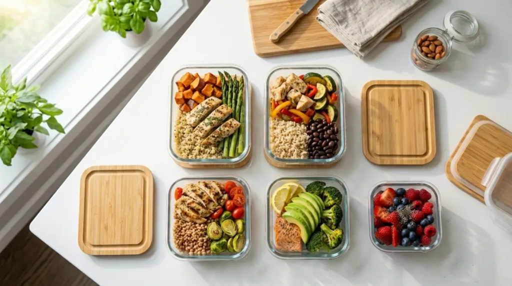 Top-down view of colorful meal prep bowls with chicken, quinoa, vegetables, and fruit.