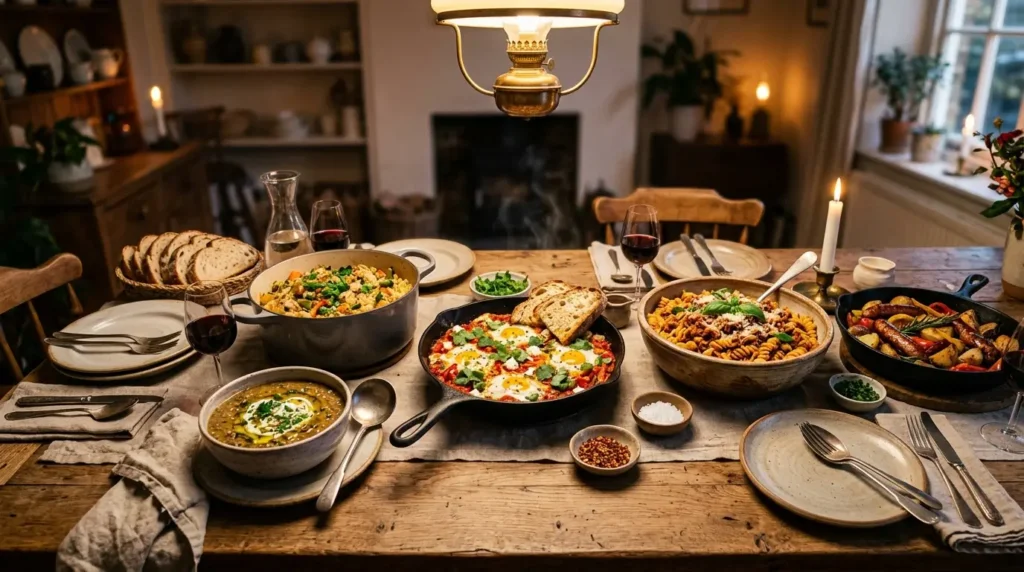 Comfort food spread with different one-pot meals beautifully plated on a rustic wooden table.