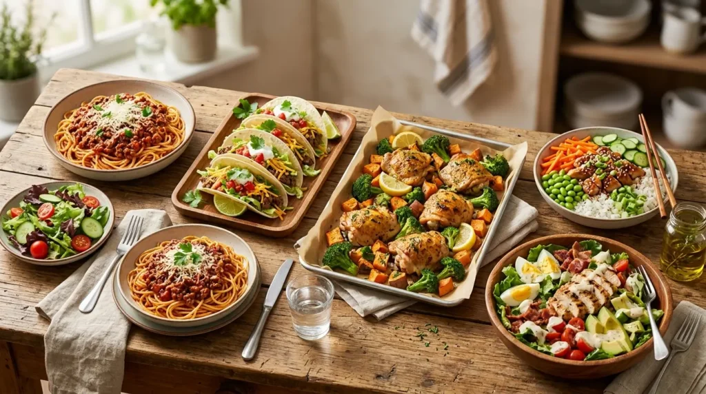 A rustic table with diverse dishes: spaghetti, tacos, roasted chicken with veggies, salads, and rice bowls. Bright, inviting, and colorful meal setting.