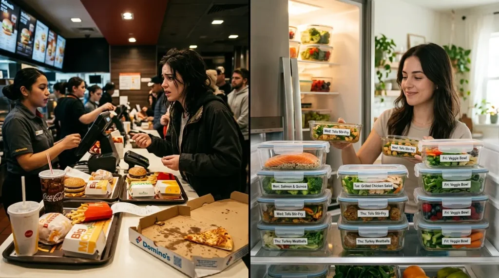 Visual lifestyle transformation showing unhealthy eating vs nutritious meal prep.