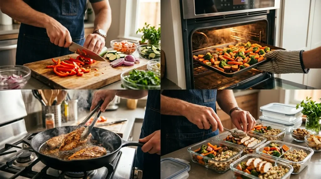 Modern cooking sequence showing oven roasting, pan frying, and food preparation.