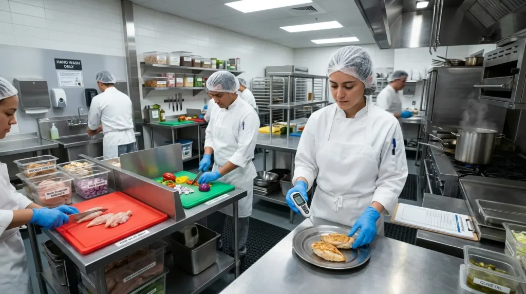 Professional kitchen hygiene concept with separate boards and safe cooking temperature checks.