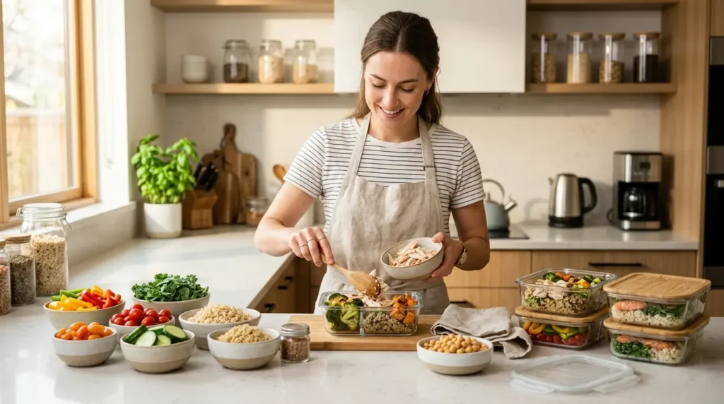 Organized kitchen counter showing prepared vegetables, grains, and chicken for weekly meal planning.