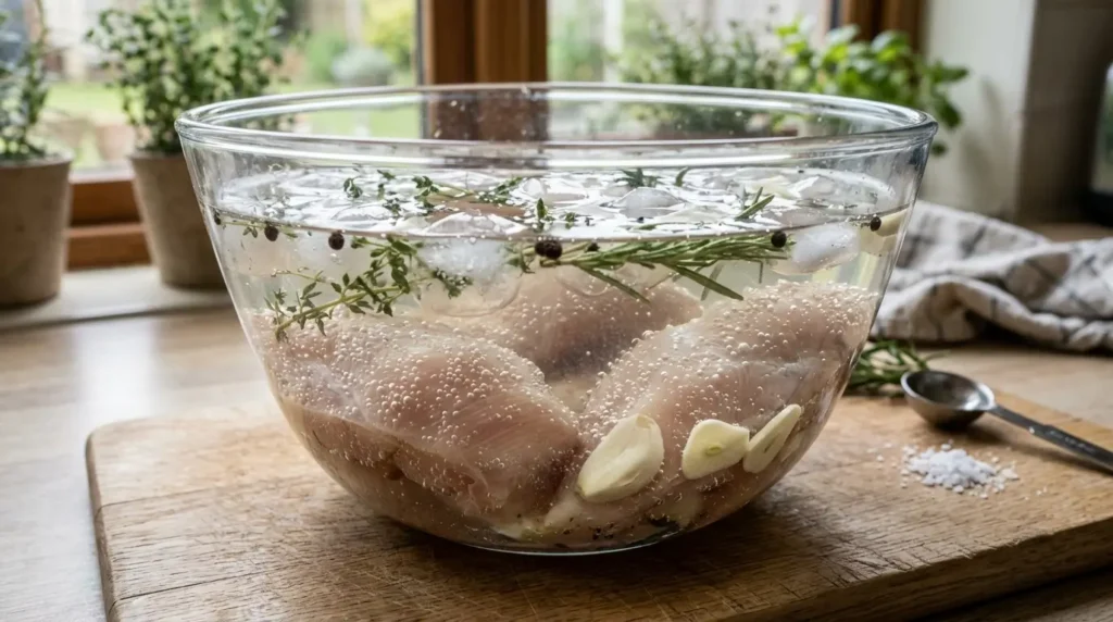 Scientific cooking process of brining chicken breasts with ice, garlic, and herbs.