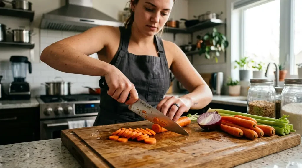 Home cook demonstrating correct knife technique with pinch grip and claw grip while chopping vegetables.