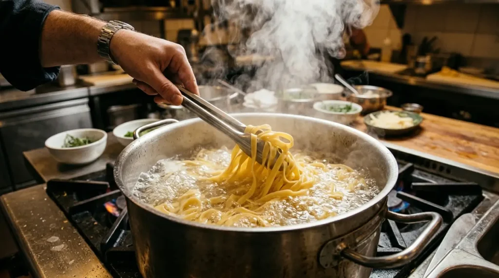 Fresh pasta boiling in a pot with dramatic steam and bubbling water in a kitchen close-up.