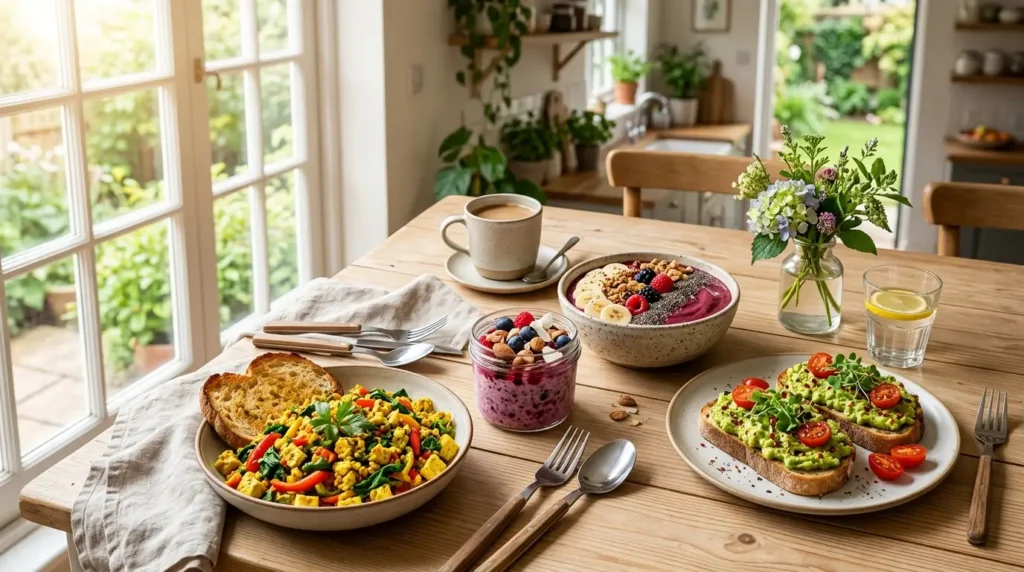 Dairy-free breakfast selection arranged on a clean modern dining table.