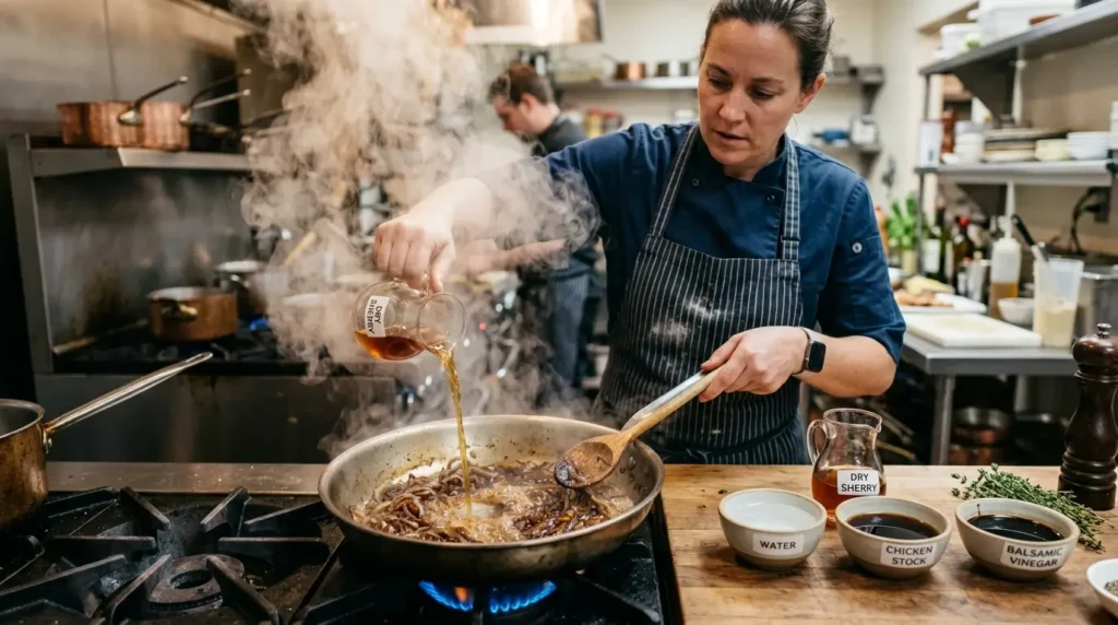 Professional chef deglazing a skillet of caramelized onions with sherry to release flavorful browned fond.