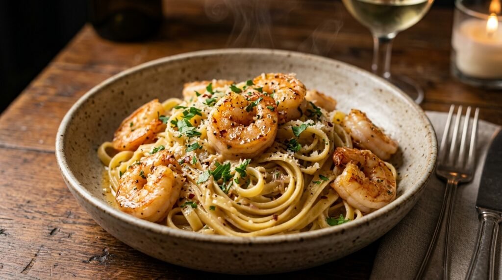 Garlic butter shrimp pasta with tender shrimp and fresh parsley garnish served in a rustic ceramic bowl.