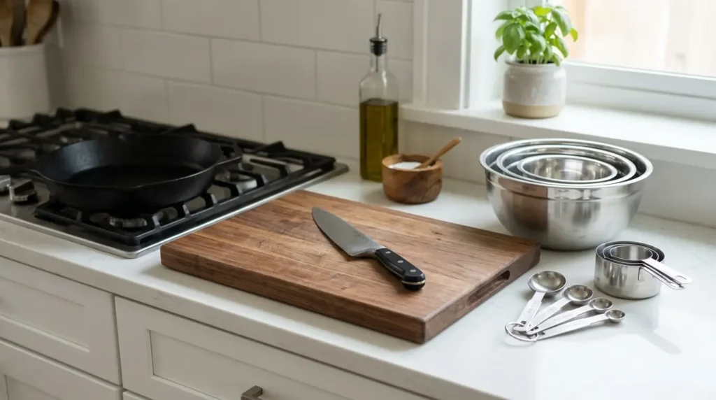 Minimal home kitchen scene showing affordable cooking tools organized for beginner meal preparation.