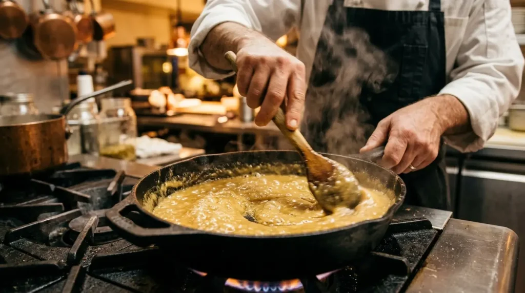 Cinematic food shot showing roux forming with gentle bubbling and steam.