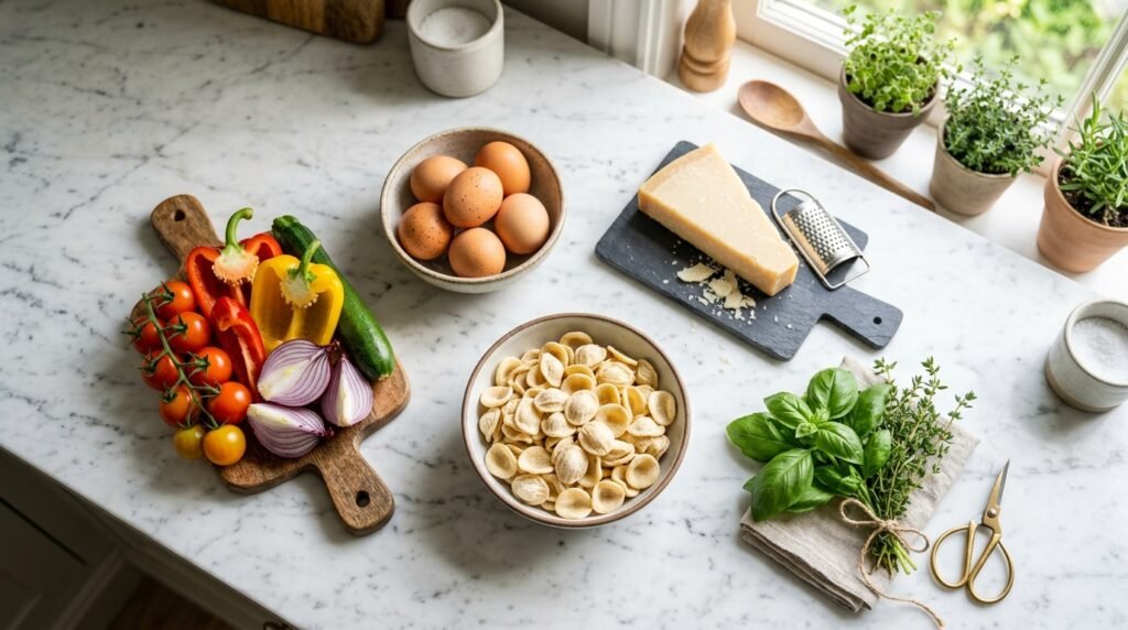 Fresh ingredients neatly arranged on a kitchen countertop, showcasing a simple five-ingredient cooking concept.