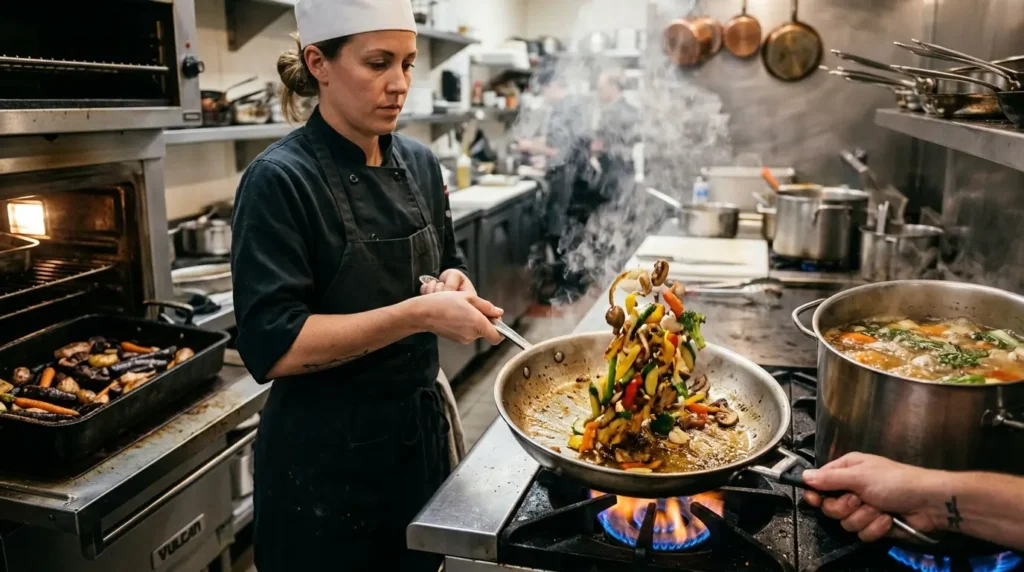 A chef in a professional kitchen expertly sautés vegetables in a pan, flames beneath, while a pot simmers nearby. The scene is dynamic and focused.