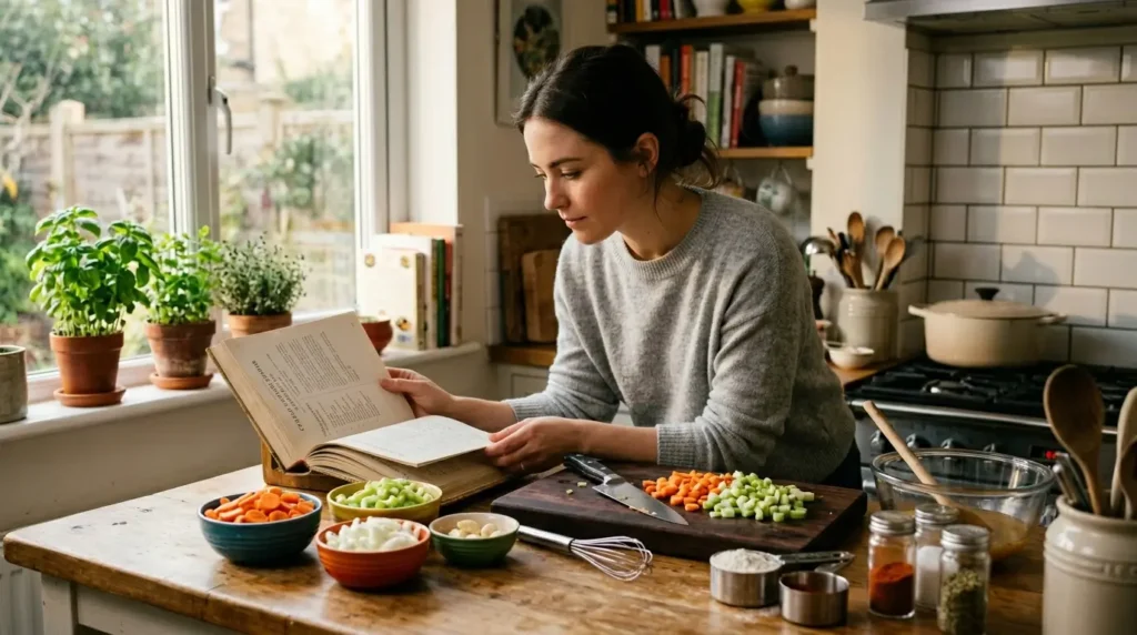 Cinematic kitchen scene showing organized meal preparation with recipe guidance and fresh ingredients.