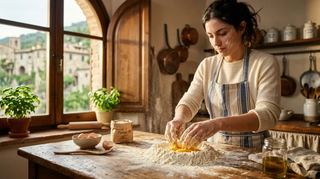 Cinematic scene of homemade pasta dough being kneaded on a rustic wooden kitchen counter.