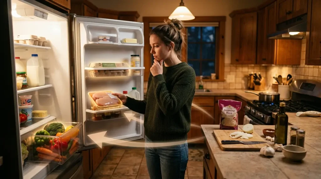 Woman in a cozy kitchen thoughtfully examines food in an open fridge, surrounded by fresh vegetables and cooking ingredients on the counter.