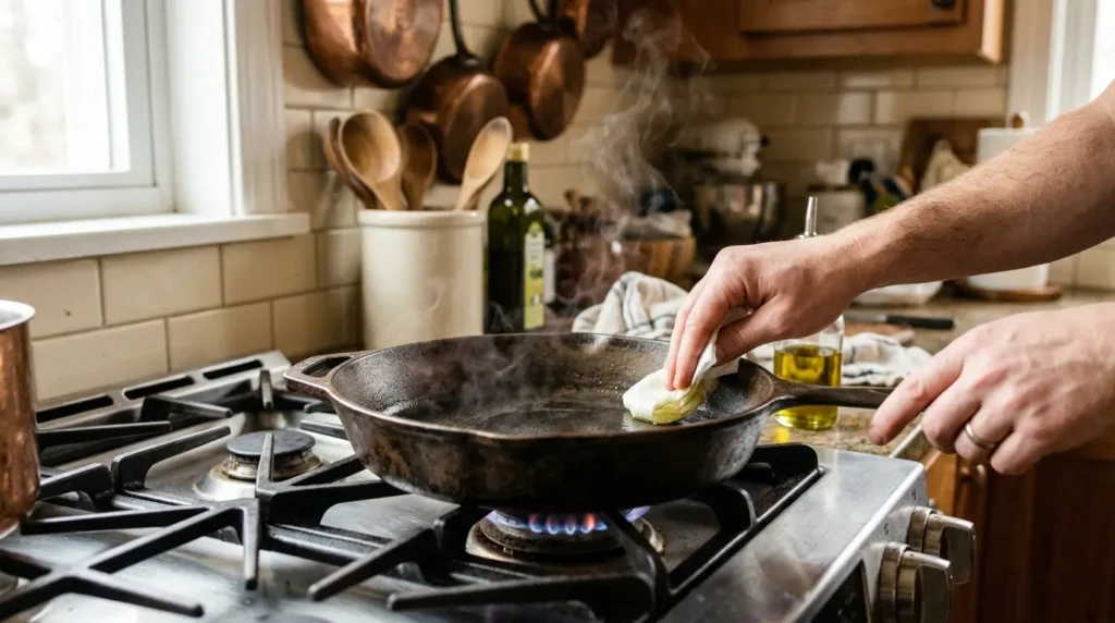 Close-up of seasoned cast iron pan being washed and gently re-oiled after use.