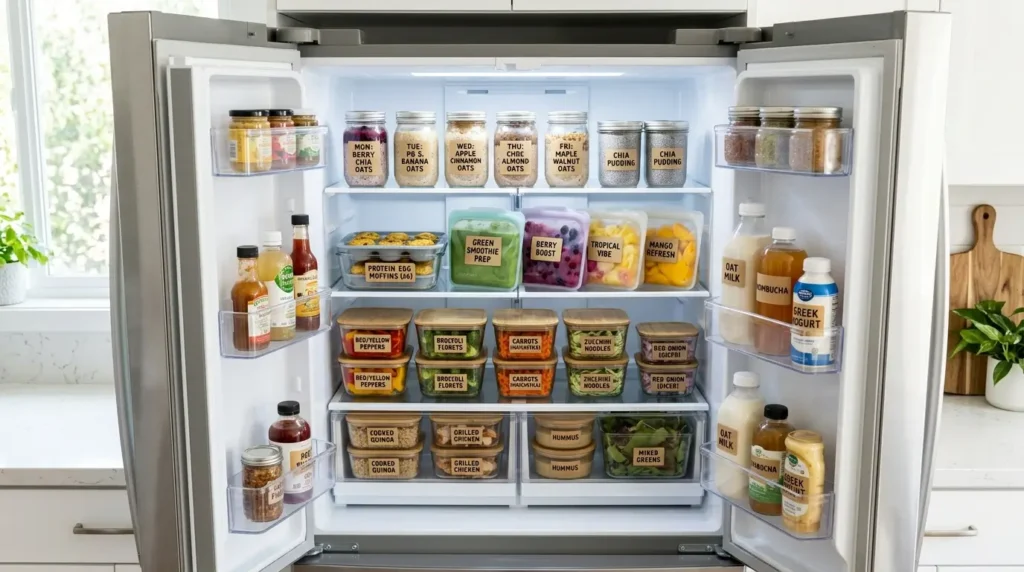 Clean refrigerator filled with healthy meal prep containers and labeled food storage.