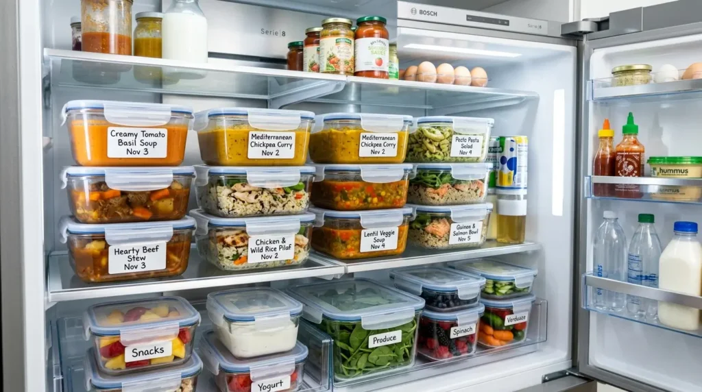 Meal prep storage in refrigerator showing neatly arranged soups, rice, and stews.