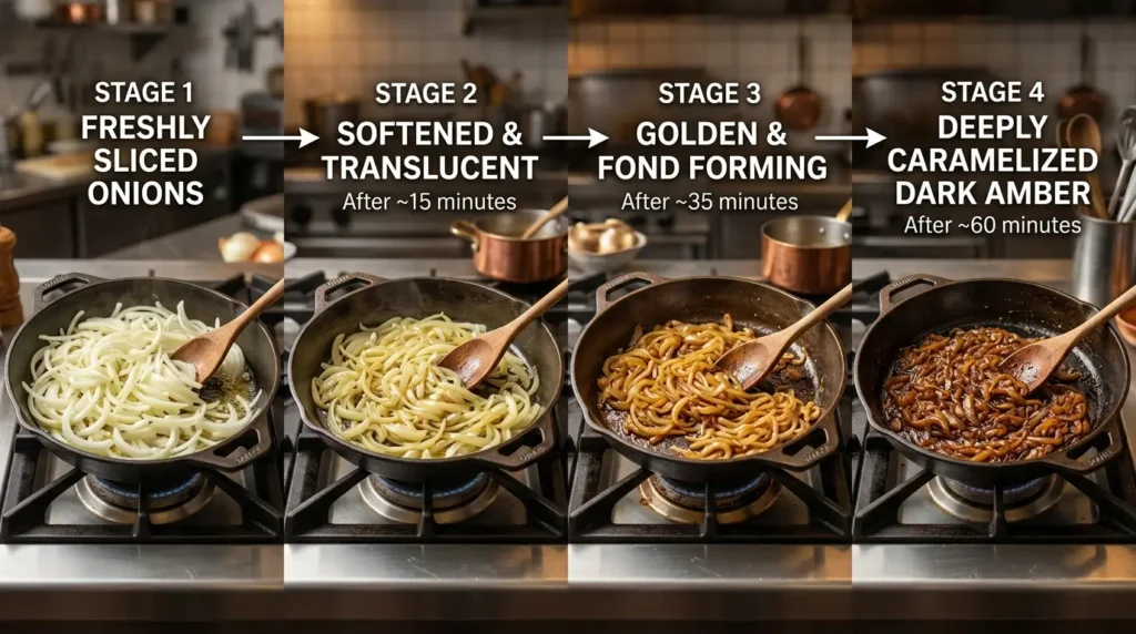 Visual guide showing four stages of caramelized onions developing color and flavor in a skillet.