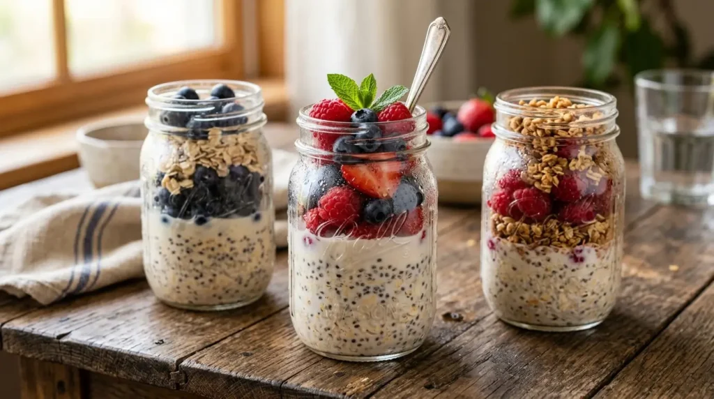 Overnight oats in mason jars with chia seeds, milk, and fresh berries on a wooden table.