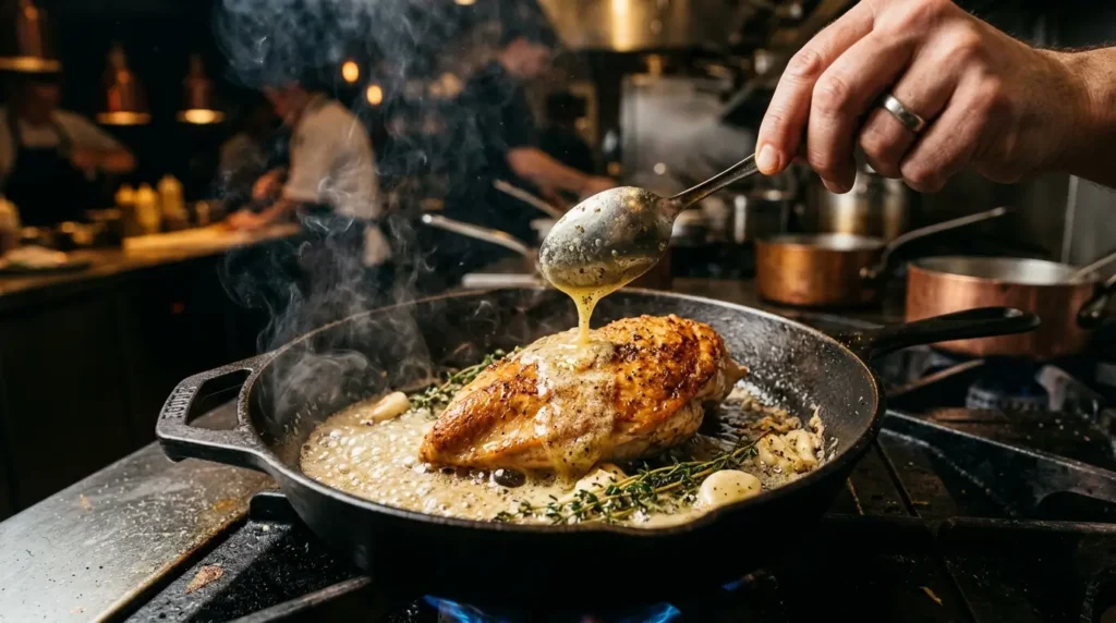 Restaurant-style chicken cooking with melted butter, garlic, and thyme in cast iron pan.