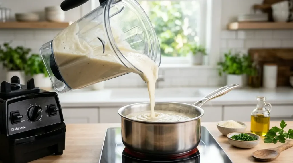 Healthy cooking process showing cauliflower being turned into a rich gourmet sauce.