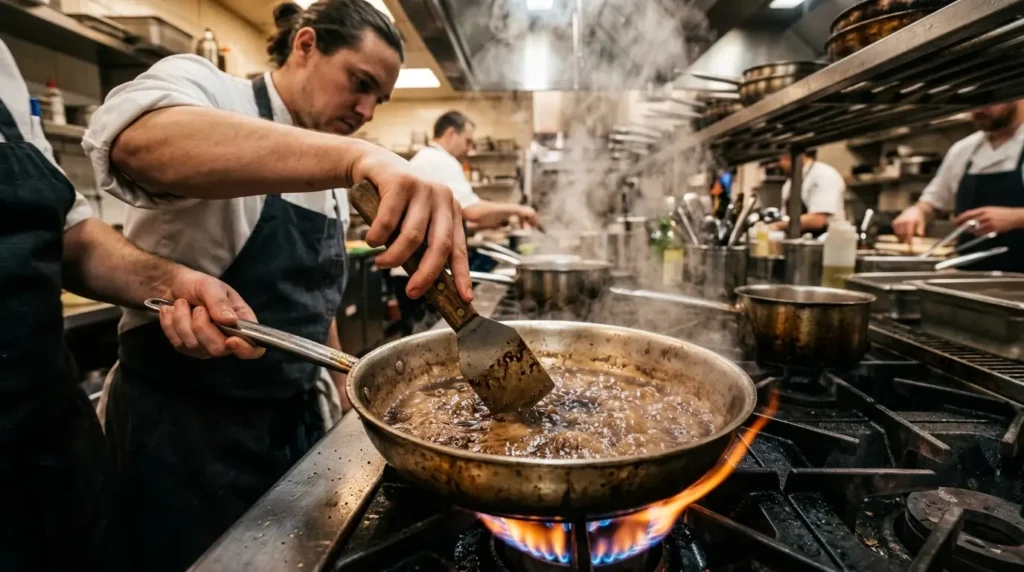 Chef deglazing and scraping fond while a wine reduction thickens on high heat.