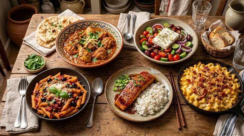 Global cuisine collection showcasing easy 5-ingredient meals from different countries on a wooden table.