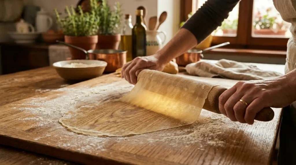 Ultra-thin homemade pasta dough being rolled on a rustic wooden kitchen counter.