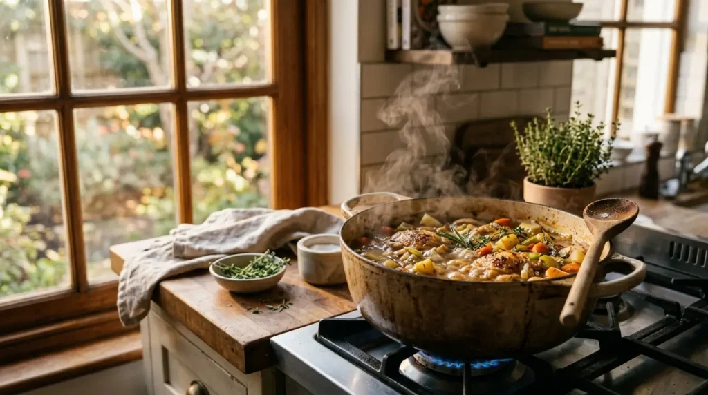 Ultra-realistic kitchen scene showing easy one-pot cooking for beginners.