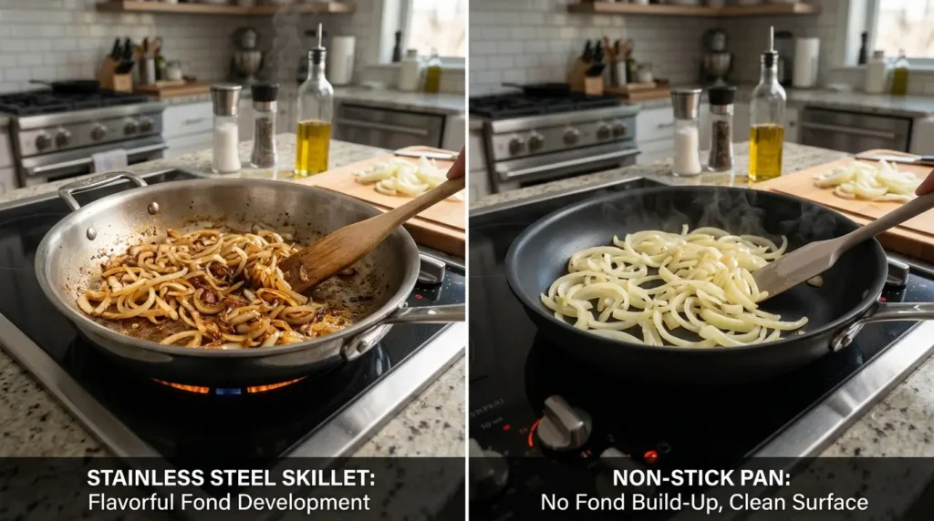 Side-by-side onion cooking comparison highlighting fond formation in stainless steel versus non-stick cookware.