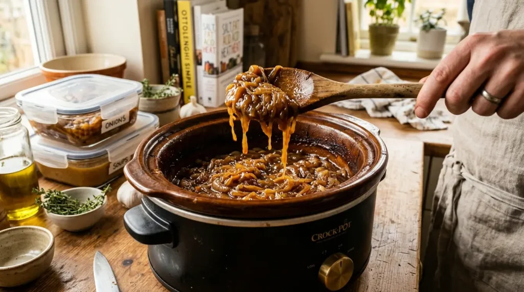 Deeply caramelized onions cooking in a slow cooker with a wooden spoon showcasing their rich texture.