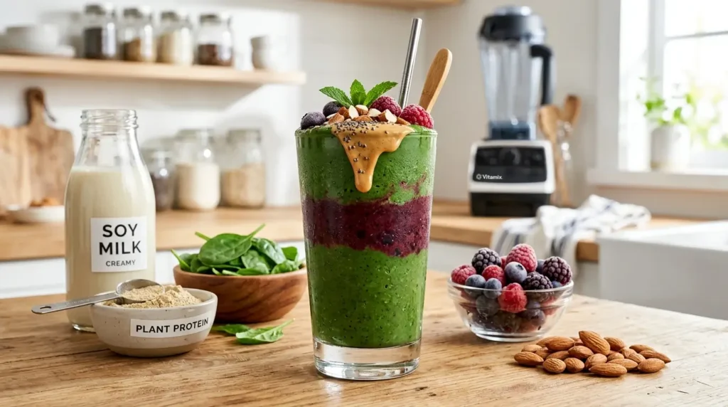 Healthy smoothie drink with green and berry layers in bright kitchen lighting.