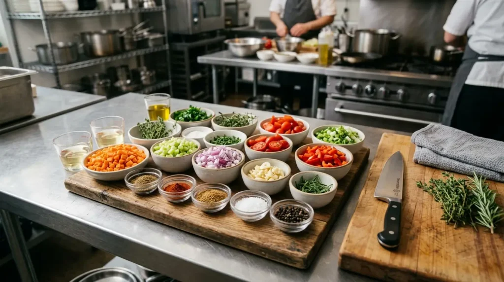 Organized cooking setup showing mise en place with fresh ingredients and spices in small bowls.