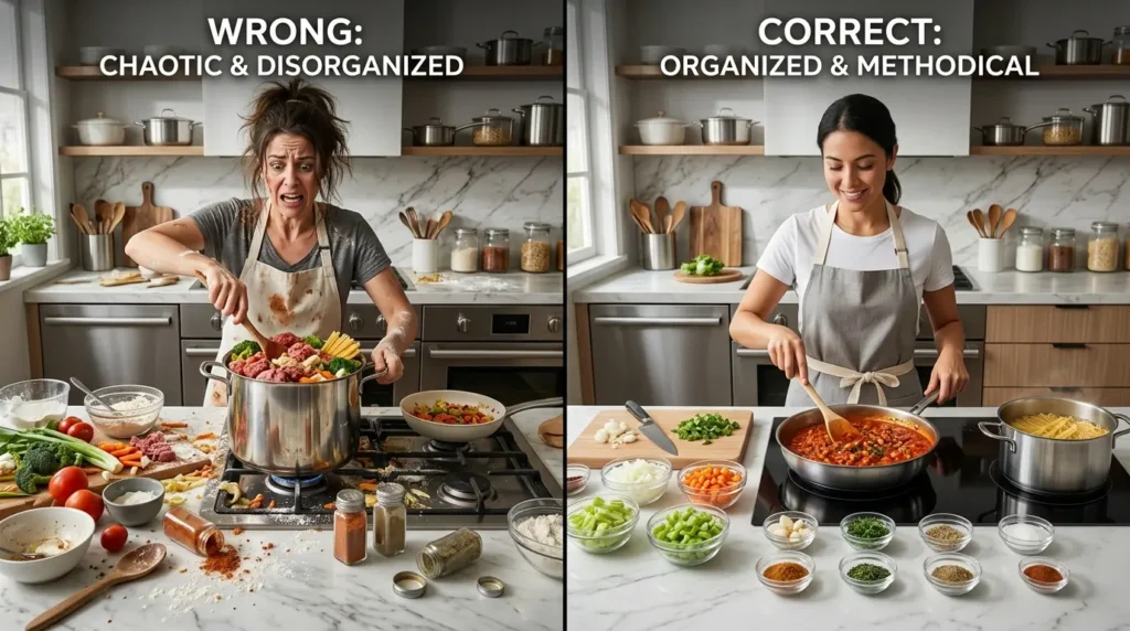 Side-by-side cooking comparison showing messy vs properly organized cooking techniques.