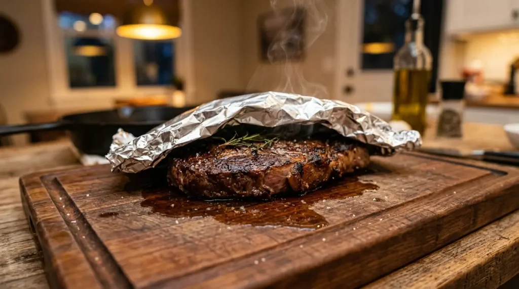 Cinematic close-up of a rested steak on a cutting board with steam and juices visible.