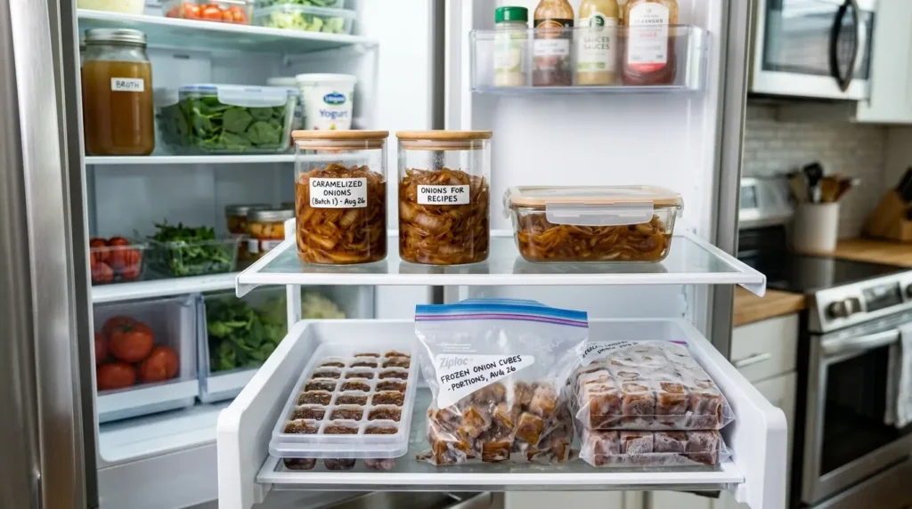 Organized refrigerator storage showing caramelized onions in meal prep containers and freezer bags.