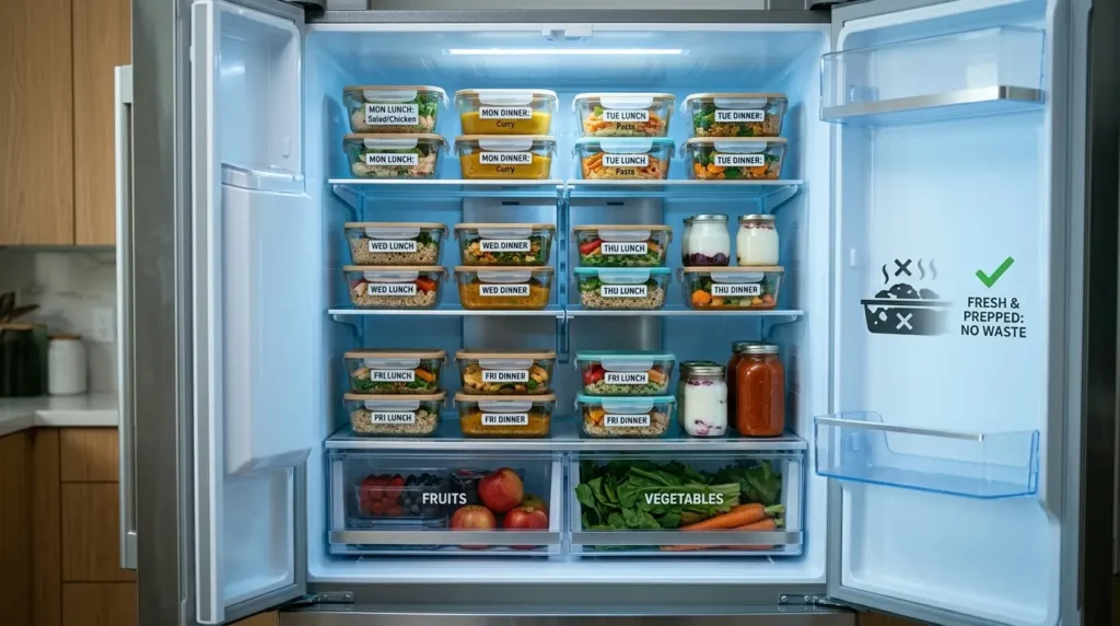 Ultra-realistic fridge scene showing structured food storage and planning.
