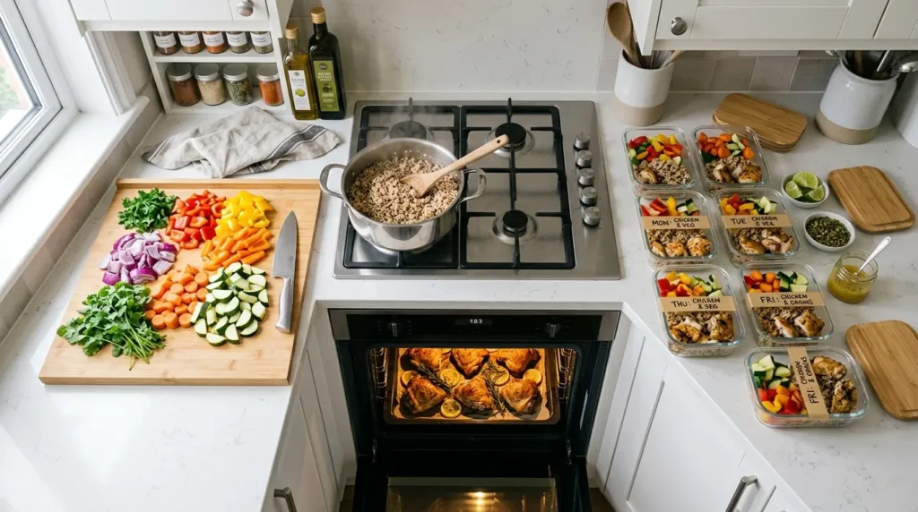 Clean modern kitchen workflow showing step-by-step meal preparation and organization.
