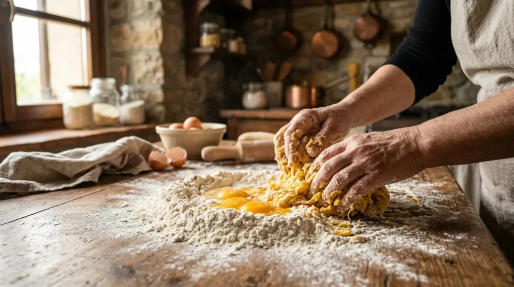Close-up of hands kneading fresh pasta dough on a rustic wooden kitchen surface.