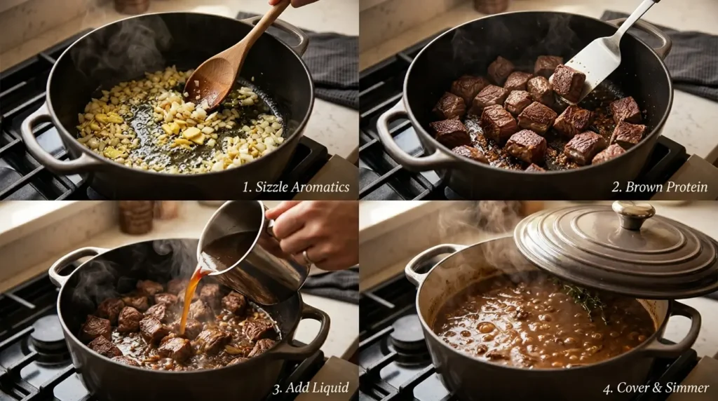 Educational kitchen flow showing browning, simmering, and final cooking stages in one pot.