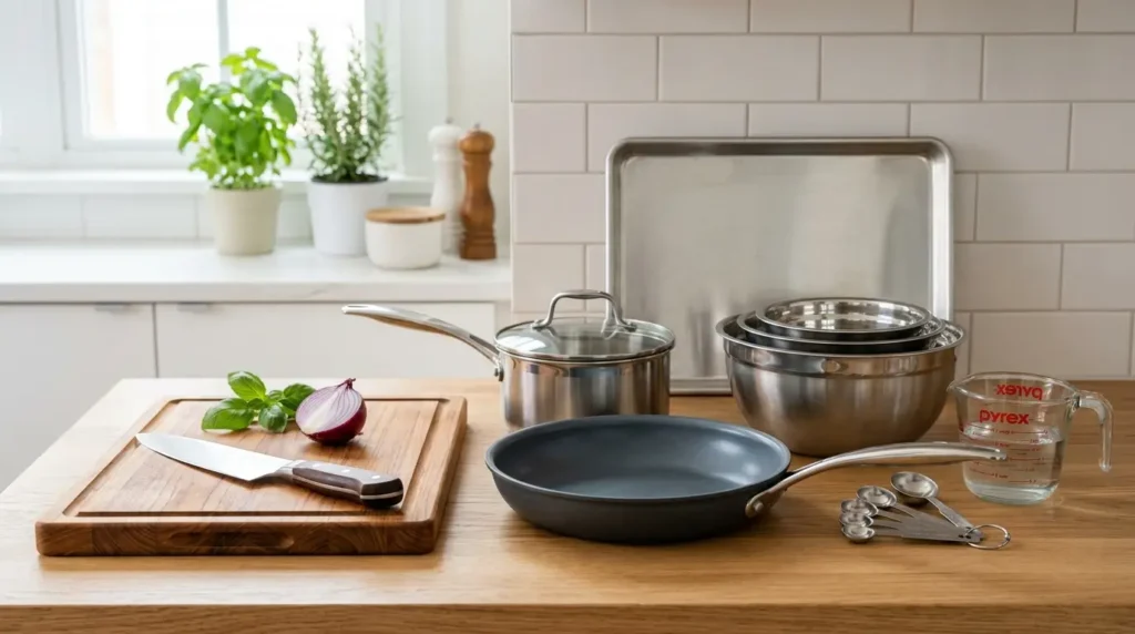 Kitchen scene with a wooden countertop featuring a chopping board, knife, basil, onion, skillet, saucepan, mixing bowls, measuring spoons, and a measuring cup. A window and plants are in the background, conveying a clean, organized cooking atmosphere.