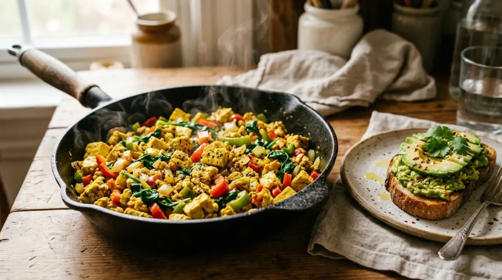 Healthy breakfast skillet with tofu scramble, spinach, peppers, and onions in warm lighting.