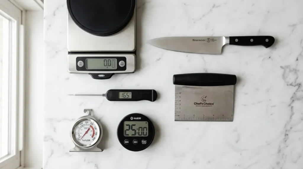 Flat lay of professional kitchen tools neatly arranged on marble countertop in soft natural light.