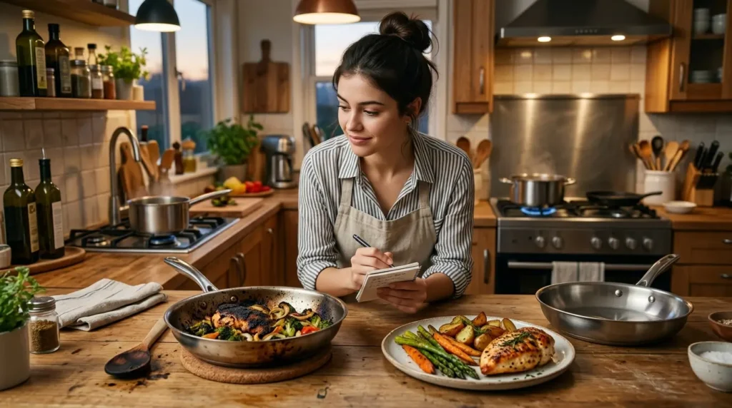 Cooking problem and solution scene showing overcooked food beside a perfectly cooked meal in a home kitchen.