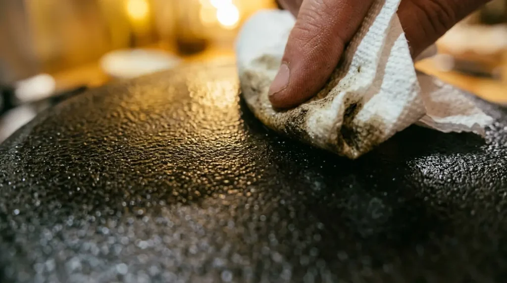 Cinematic detail of cast iron cookware developing a black seasoned surface.