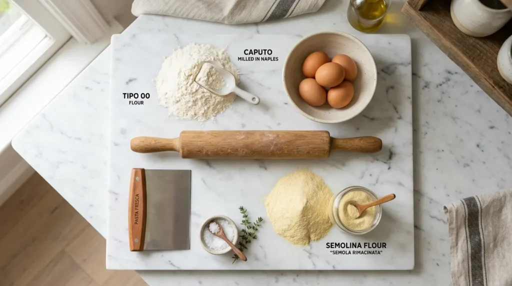 Flat lay of pasta-making ingredients and tools on a marble kitchen countertop in soft natural light.