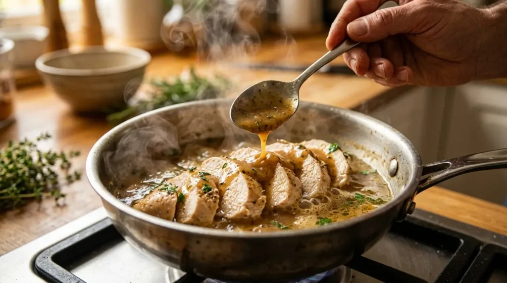 Emotional cooking scene of restoring dry chicken with warm sauce and steam.