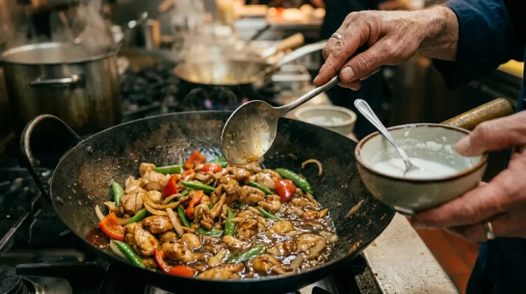 Moody kitchen scene showing stir-fry sauce turning cloudy during cooking process.